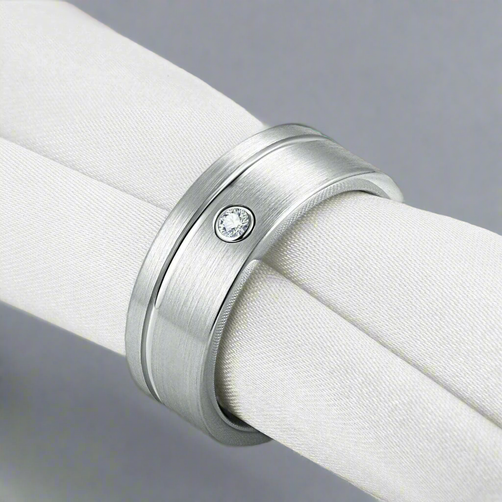 Grooved Tungsten Wedding Band with Diamond-Evani Naomi Jewelry