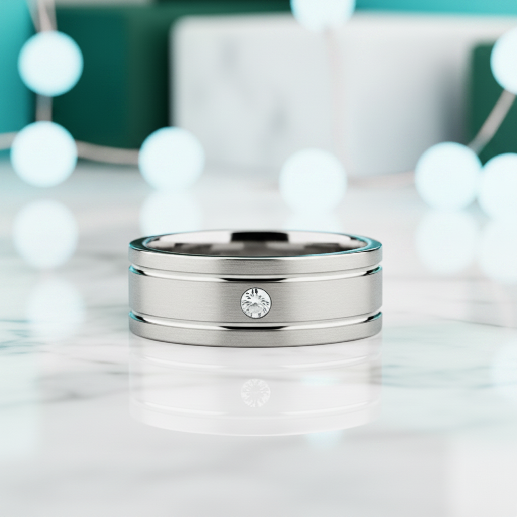 Grooved Tungsten Wedding Band with Diamond-Evani Jewelry