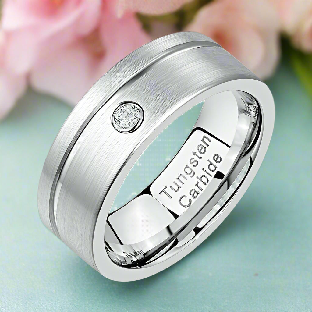 Grooved Tungsten Wedding Band with Diamond-Evani Naomi Jewelry