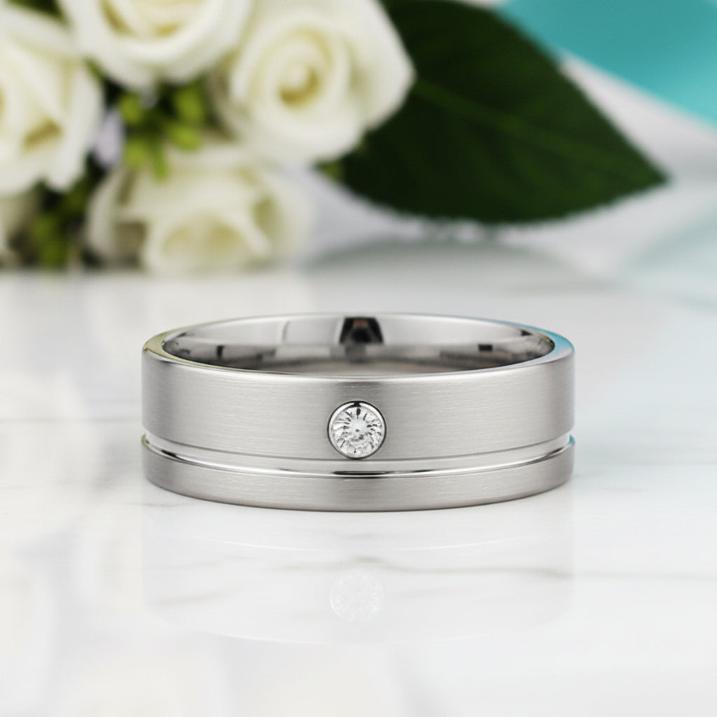 Grooved Tungsten Wedding Band with Diamond-Evani Jewelry