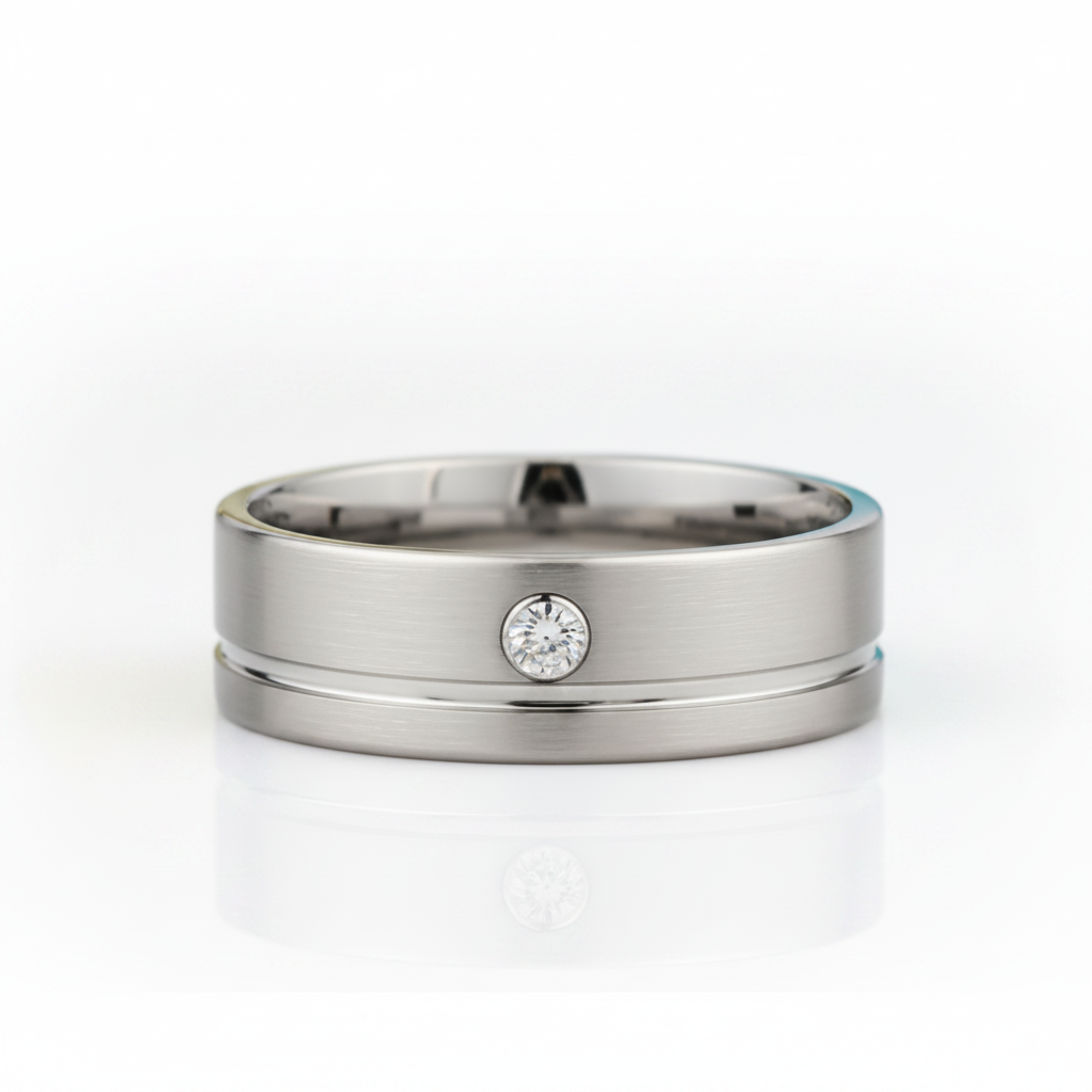 Grooved Tungsten Wedding Band with Diamond - Evani Naomi Jewelry