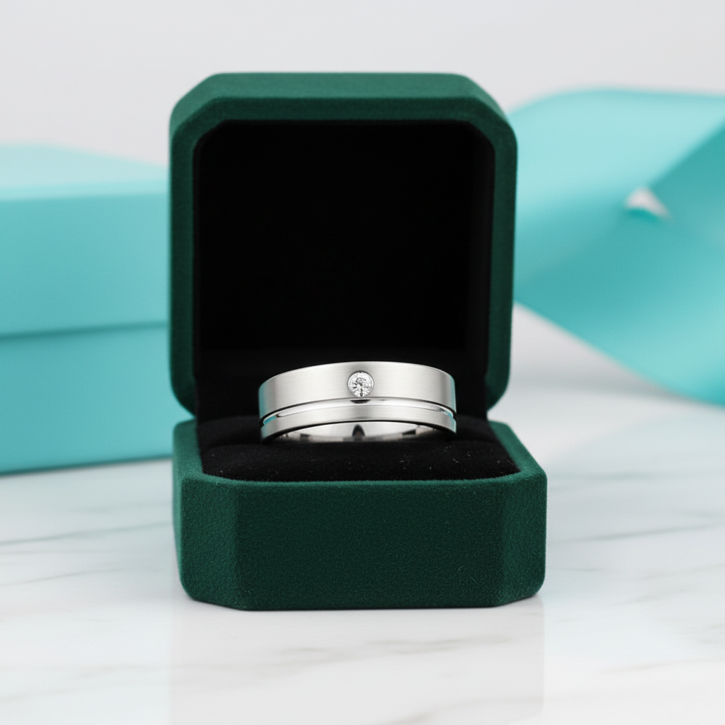 Grooved Tungsten Wedding Band with Diamond - Evani Naomi Jewelry
