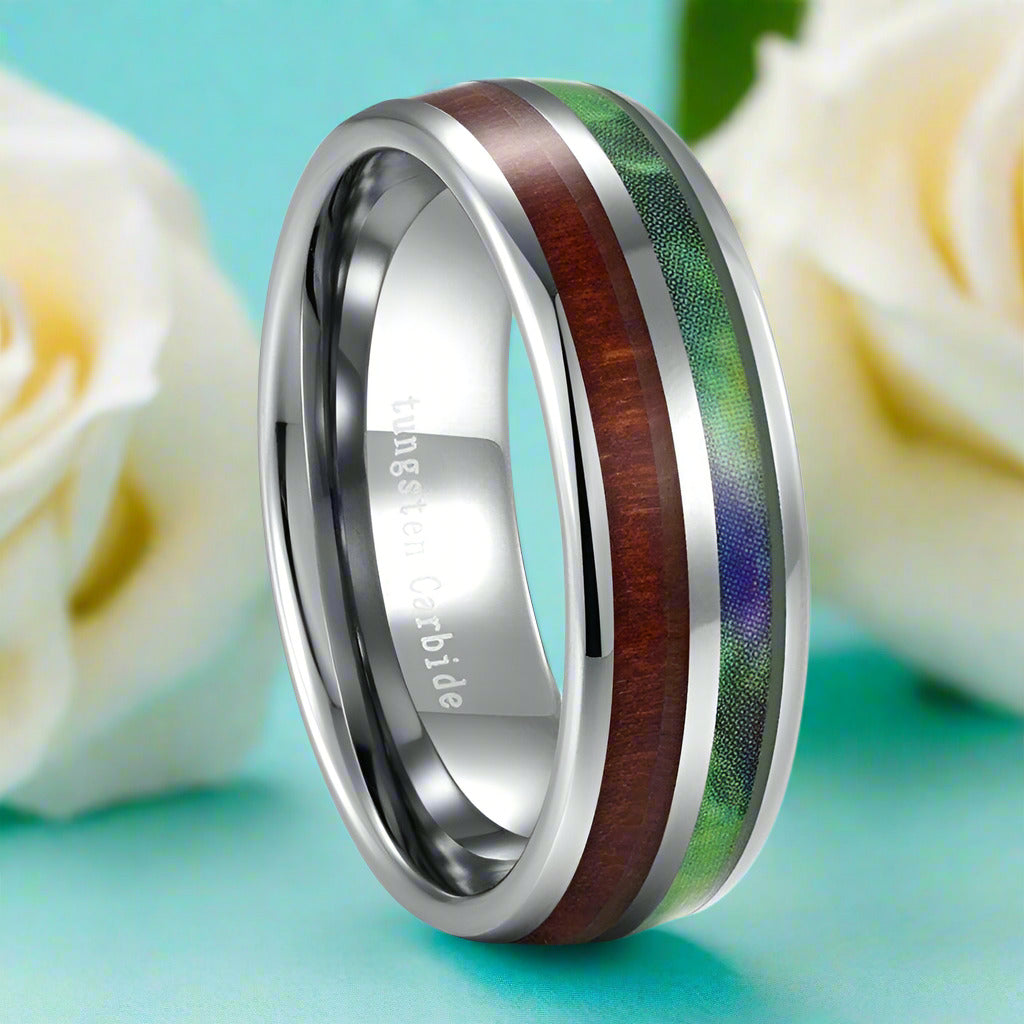 Half Abalone Shell and Wood Tungsten Wedding Band-Evani Naomi Jewelry