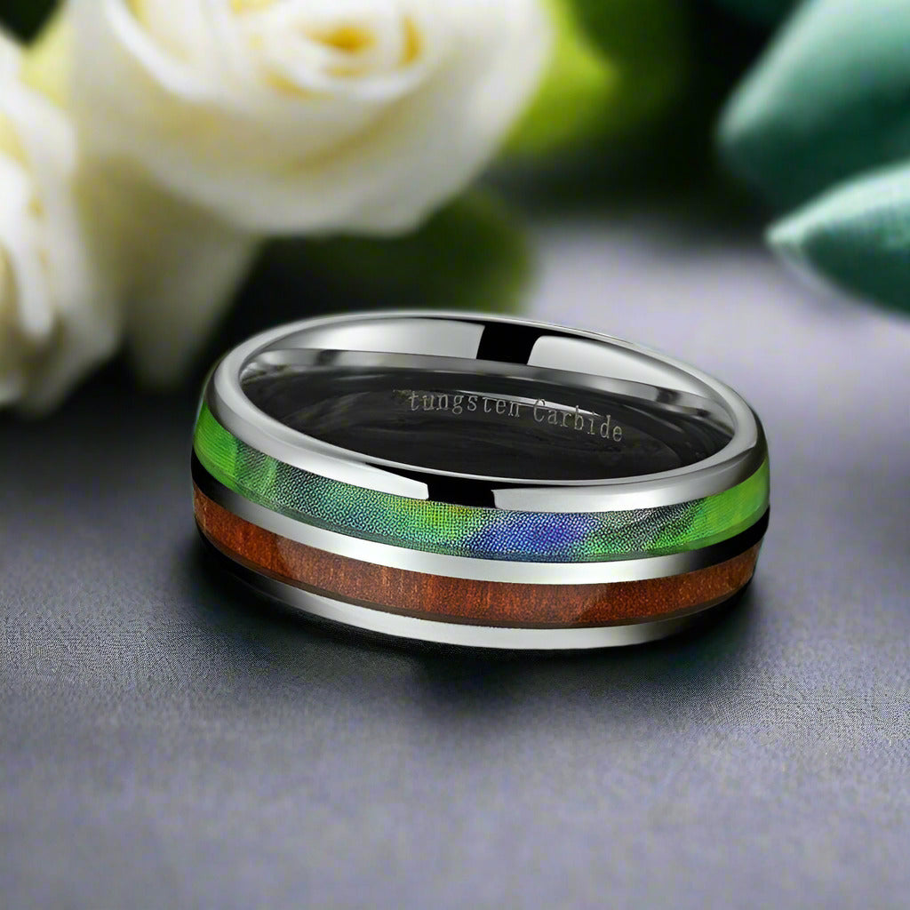 Half Abalone Shell and Wood Tungsten Wedding Band-Evani Naomi Jewelry