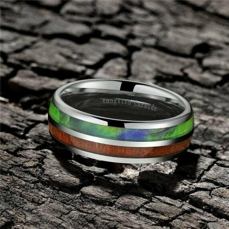 Half Abalone Shell and Wood Tungsten Wedding Band-Evani Naomi Jewelry