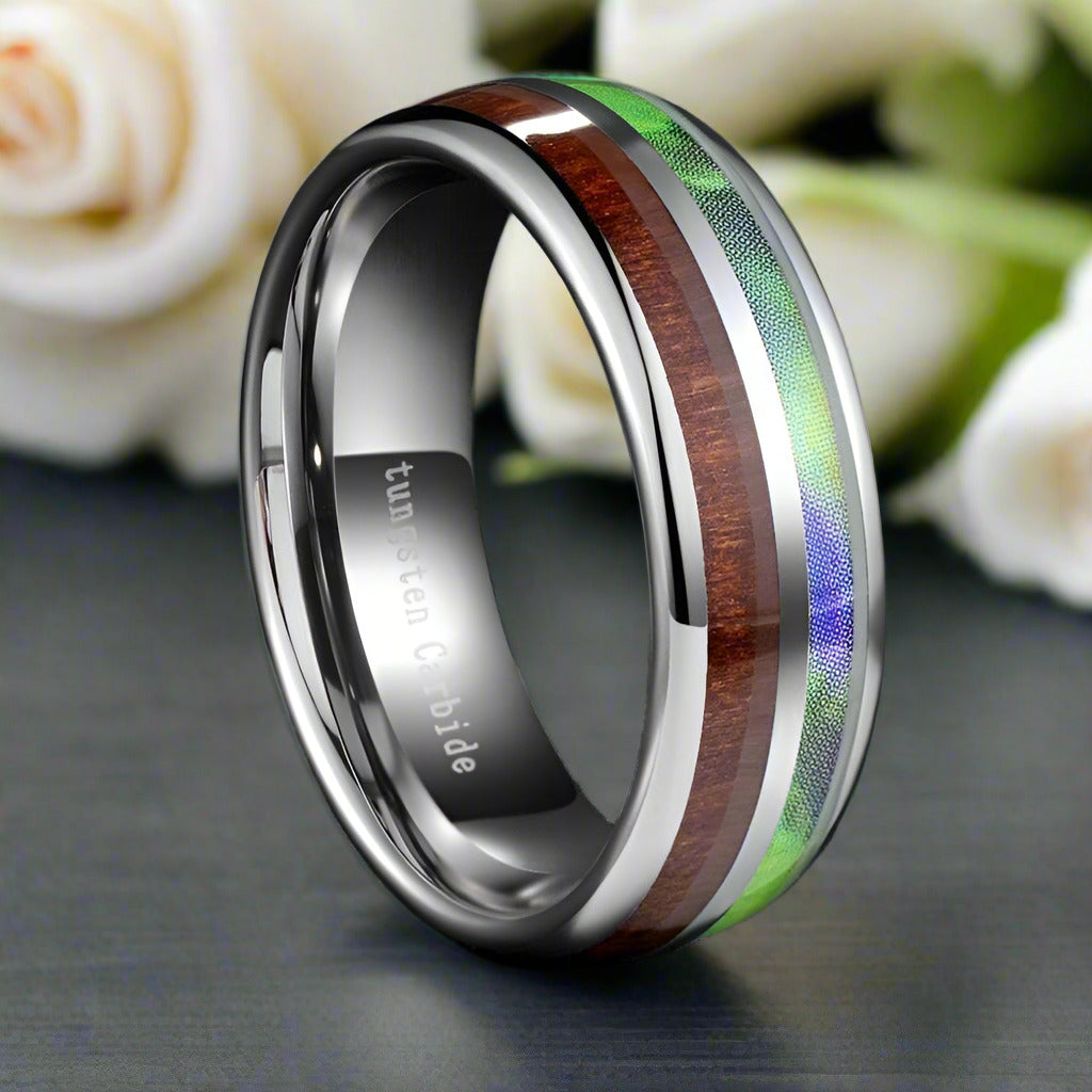 Half Abalone Shell and Wood Tungsten Wedding Band-Evani Naomi Jewelry