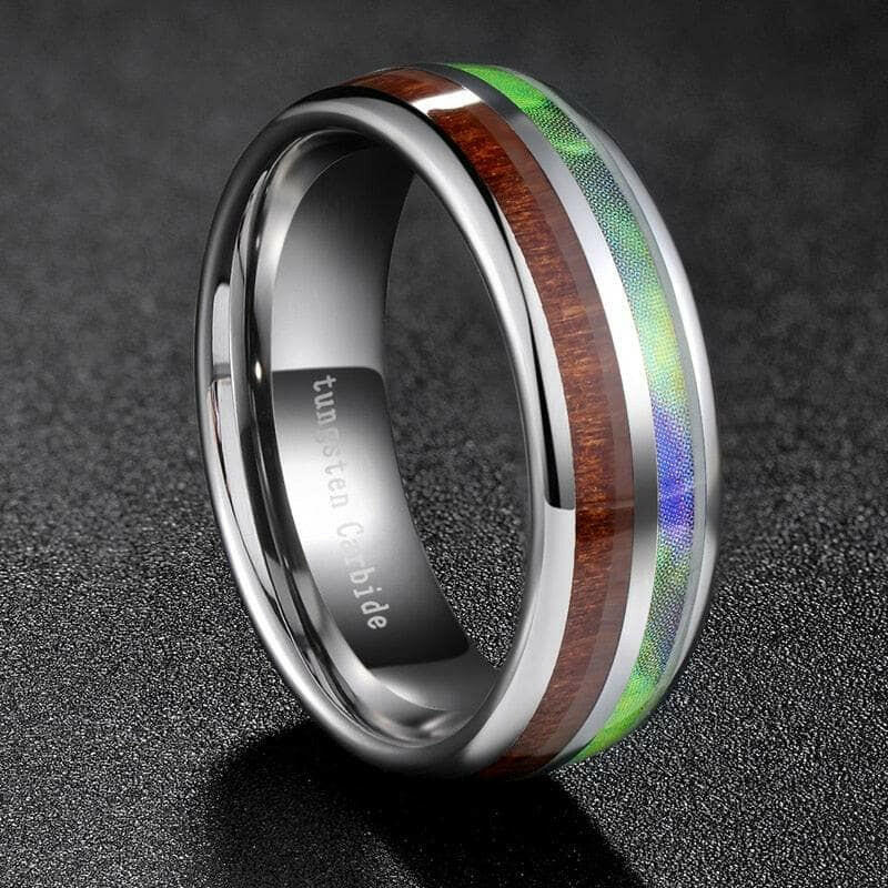 Half Abalone Shell and Wood Tungsten Wedding Band-Evani Naomi Jewelry