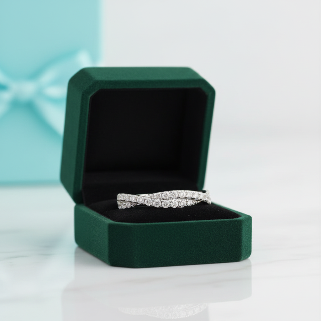 Half Eternity Diamond Option14k White Gold Twisted Wedding Band - Evani Naomi Jewelry