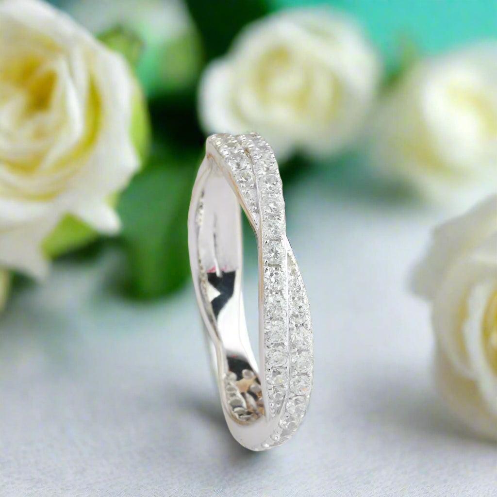 Half Eternity Diamond Twisted 14k White Gold Wedding Band-Evani Naomi Jewelry