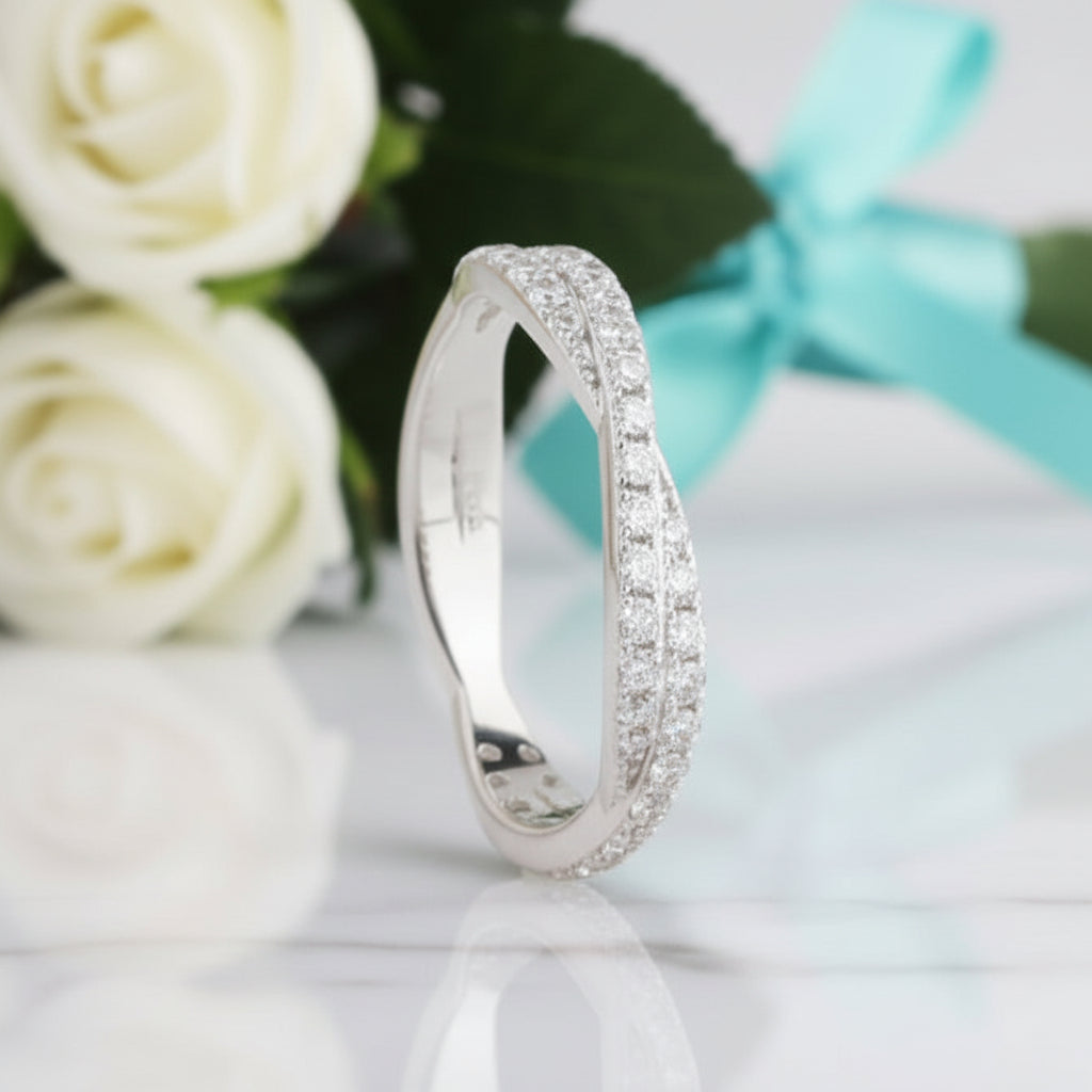 Half Eternity Diamond Twisted 14k White Gold Wedding Band-Evani Jewelry