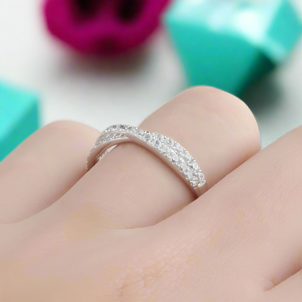 Half Eternity Diamond Twisted 14k White Gold Wedding Band-Evani Naomi Jewelry