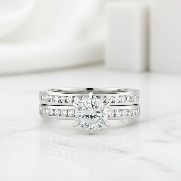 1.0 ct Half-Eternity Round Cut Diamond Ring Set-Evani Jewelry