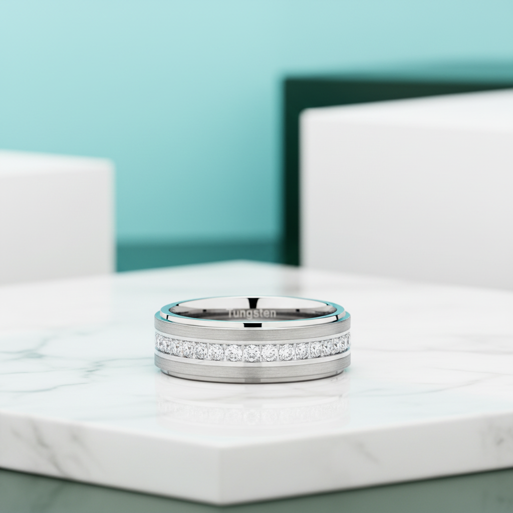 Half Eternity Tungsten Men's Wedding Band-Evani Jewelry