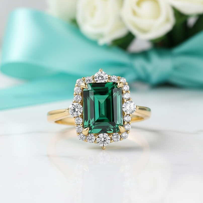 Halo Emerald Cut Yellow Gold Engagement Ring-Evani Jewelry