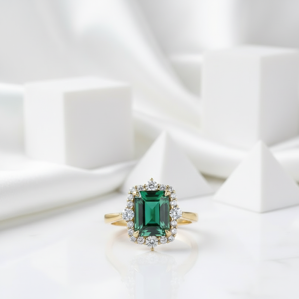 Halo Emerald Cut Yellow Gold Engagement Ring-Evani Jewelry