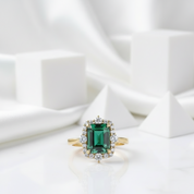 Halo Emerald Cut Yellow Gold Engagement Ring-Evani Jewelry