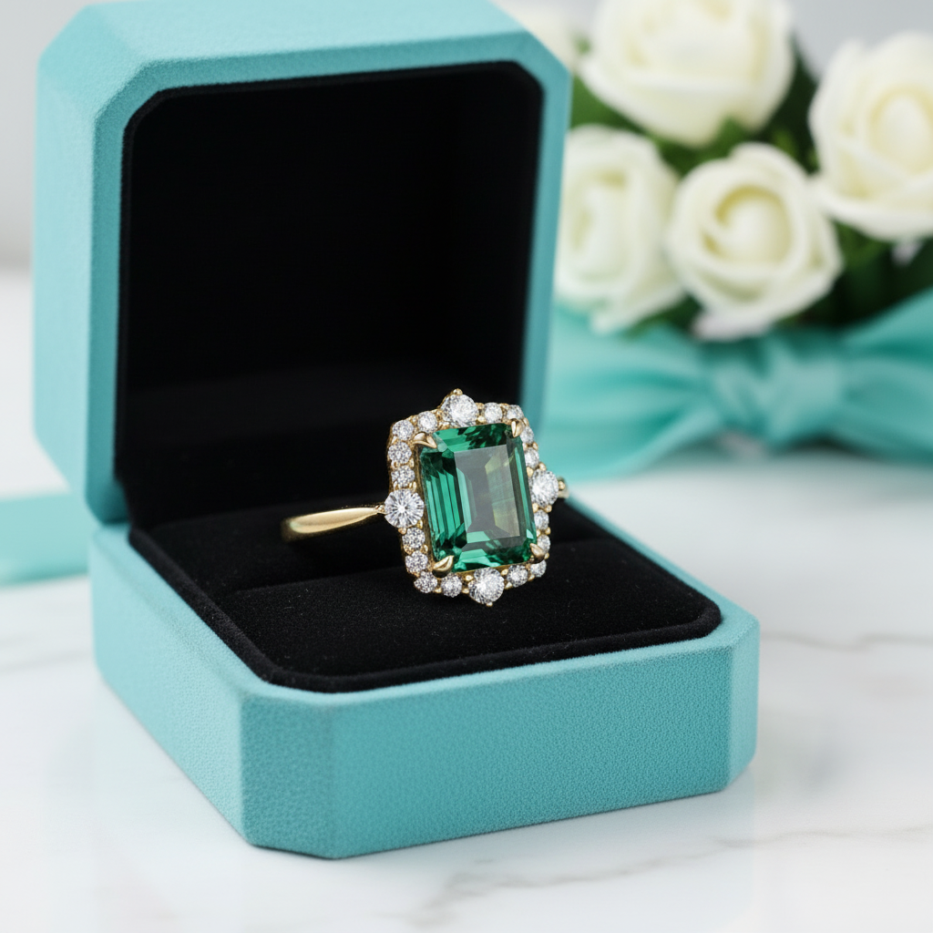 Halo Emerald Cut Yellow Gold Engagement Ring-Evani Jewelry