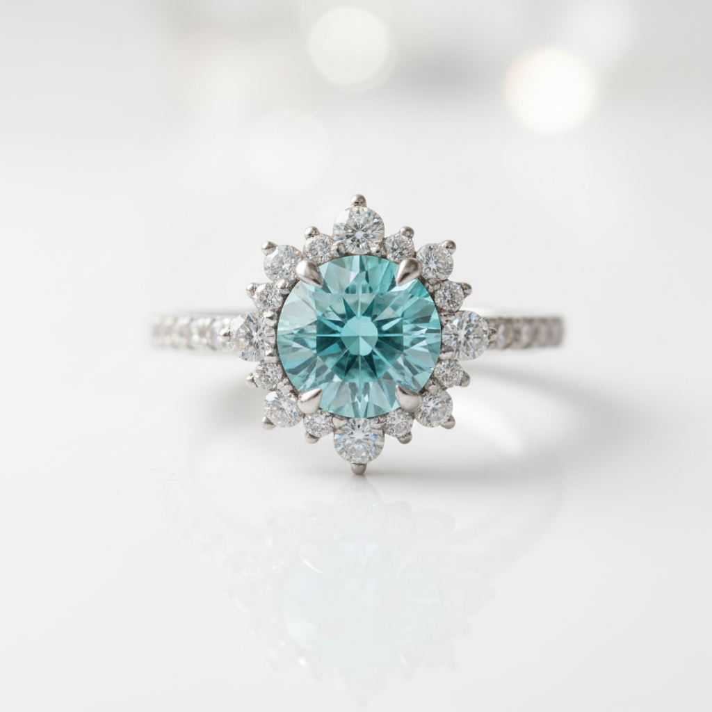 Halo Round Cut Cyan Blue Engagement Ring - Evani Naomi Jewelry