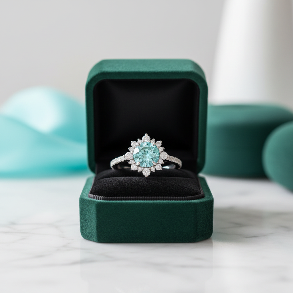 Halo Round Cut Cyan Blue Engagement Ring - Evani Naomi Jewelry