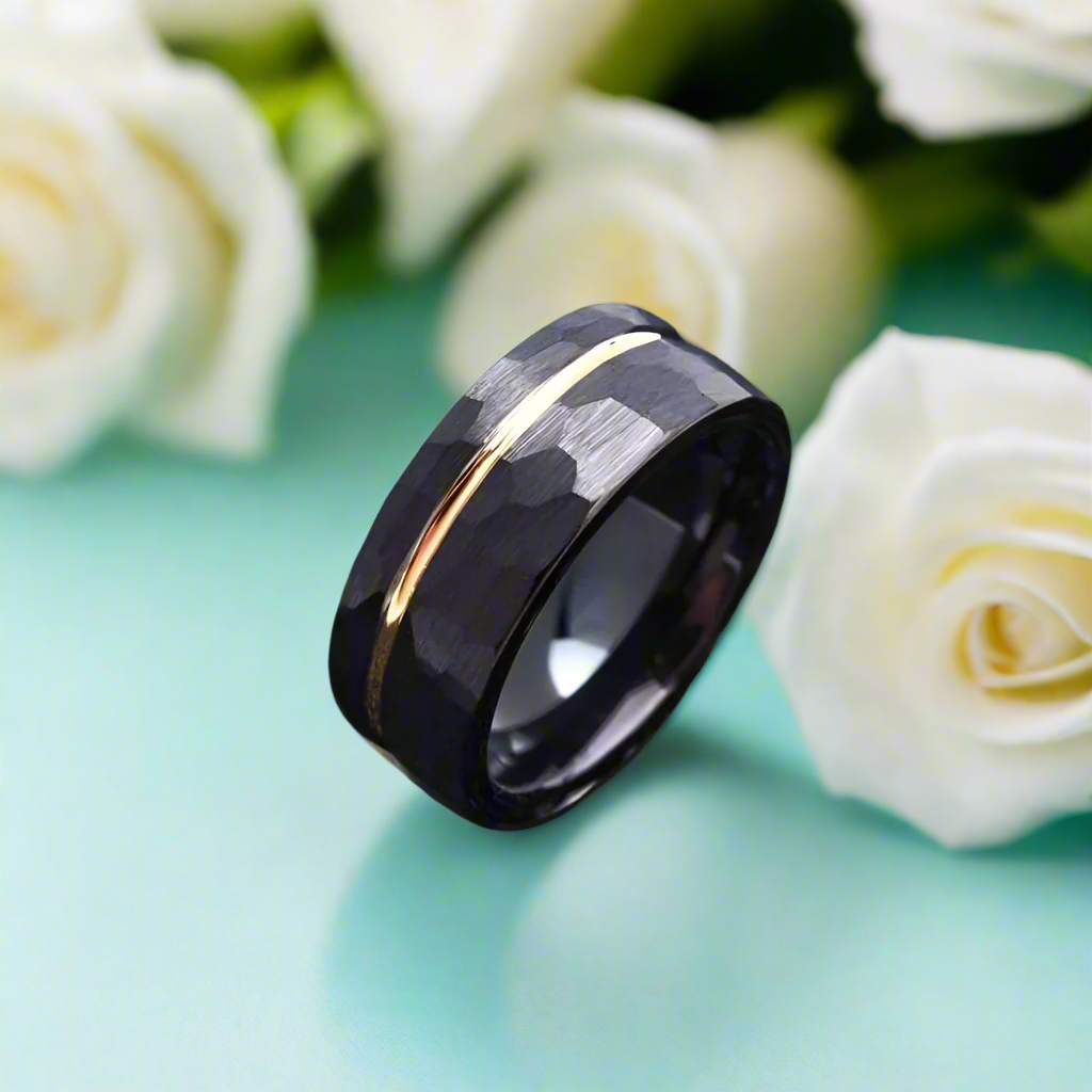 Hammer Matte Tungsten Wedding Band with Thin Rose Gold Line-Evani Naomi Jewelry