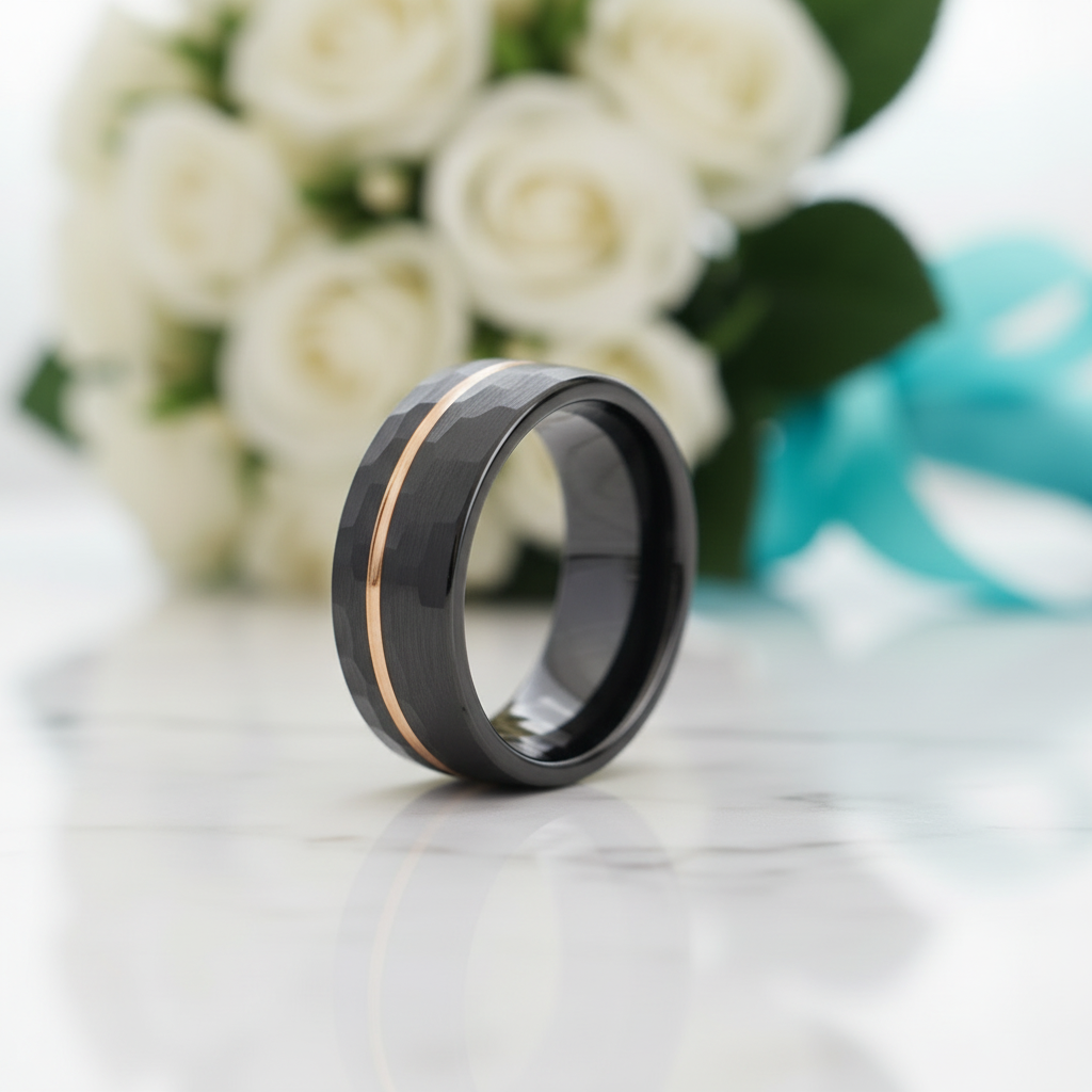 Hammer Matte Tungsten Wedding Band with Thin Rose Gold Line-Evani Jewelry