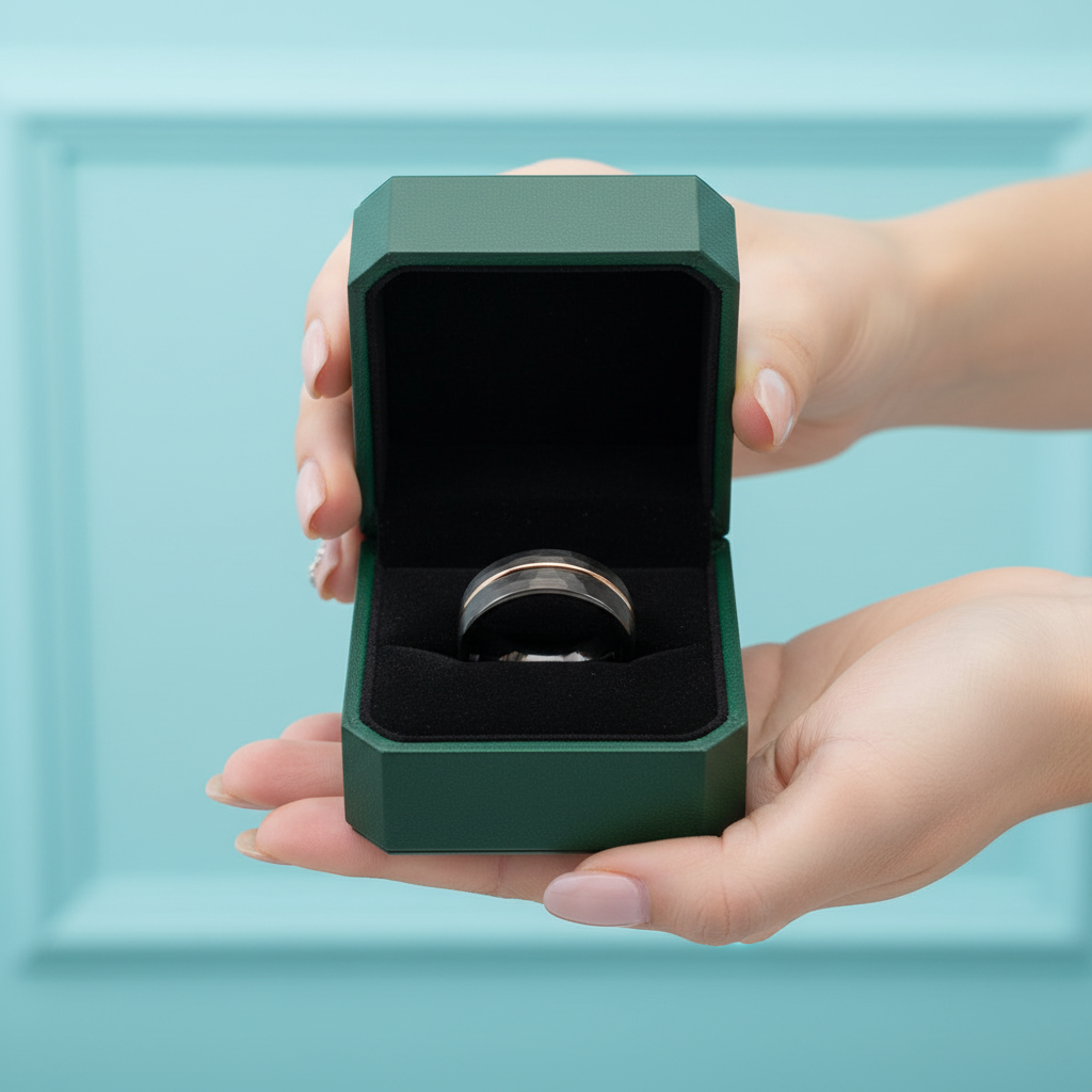 Hammer Matte Tungsten Wedding Band with Thin Rose Gold Line - Evani Naomi Jewelry