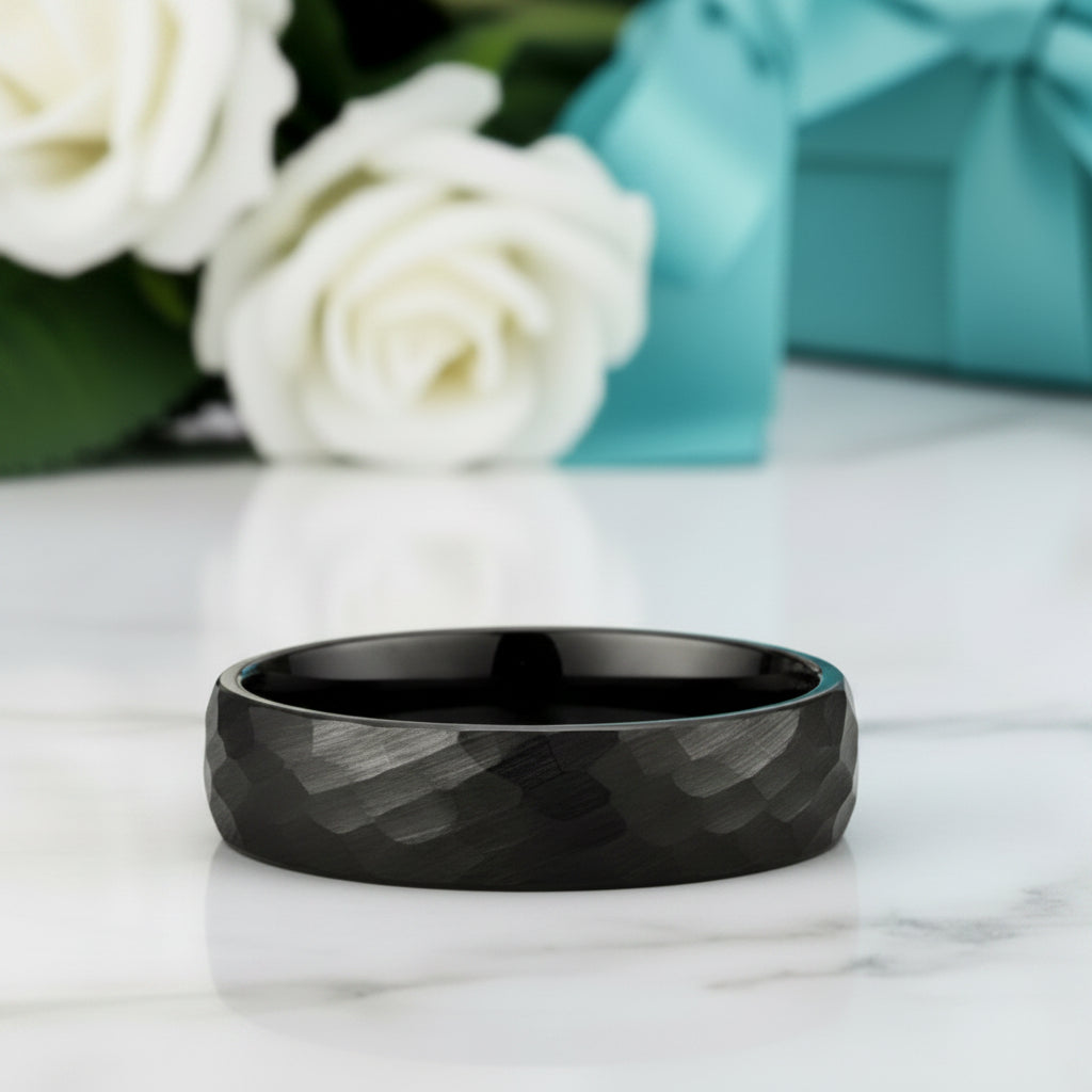 Hammered Black Unisex Tungsten Wedding Band-Evani Jewelry