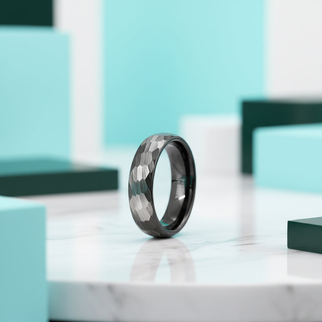 Hammered Black Unisex Tungsten Wedding Band-Evani Jewelry
