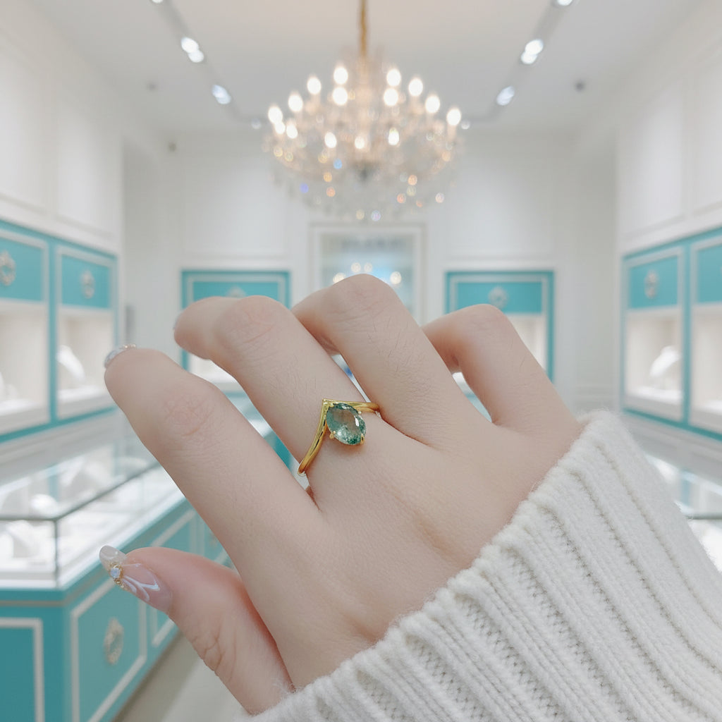 Thread of Destiny- Gold Curved Ring Oval Natural Moss Agate-Evani Jewelry