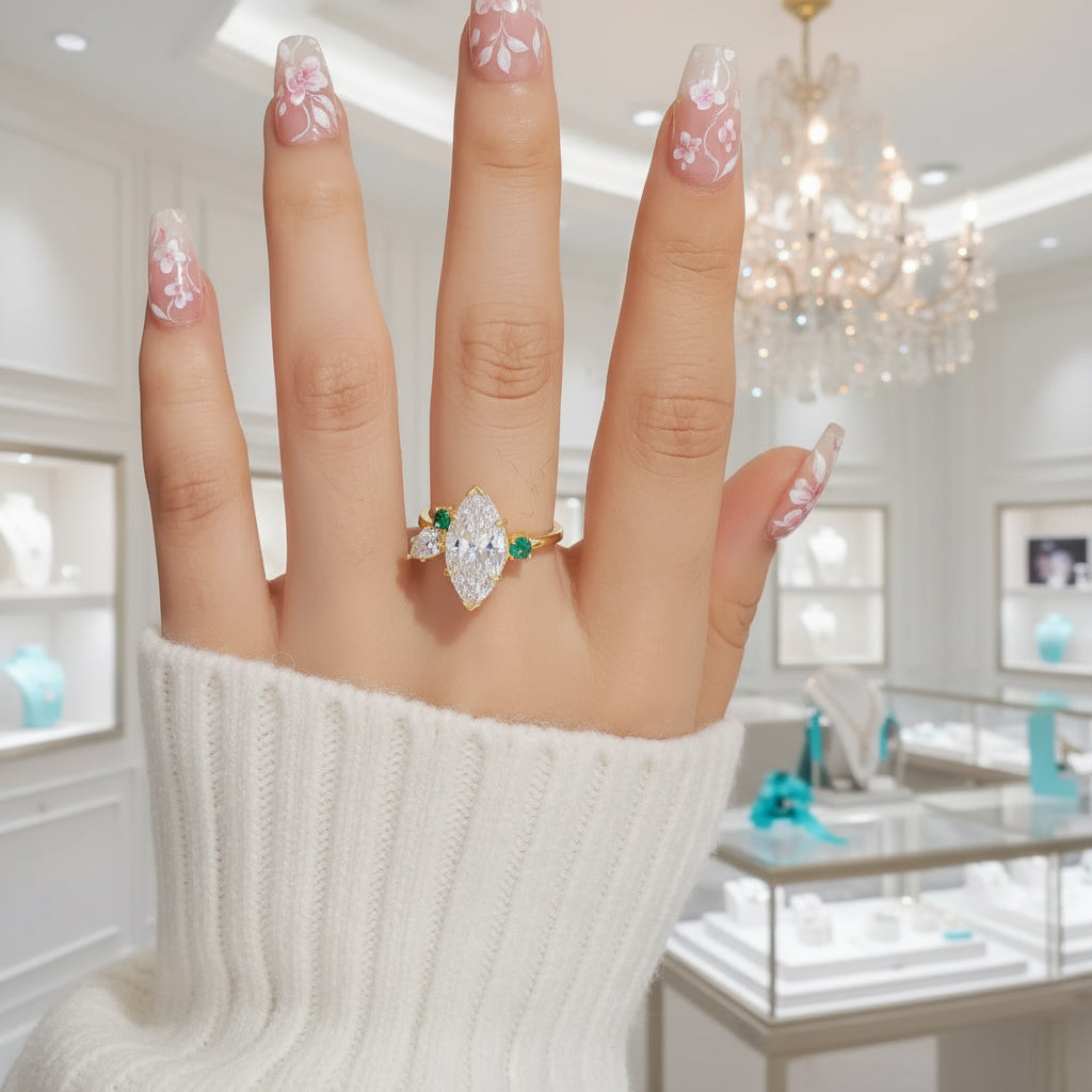 Promise Beneath the Trees- Marquise Cut Natural Moss Agate & White Moissanite Engagement Ring-Evani Jewelry