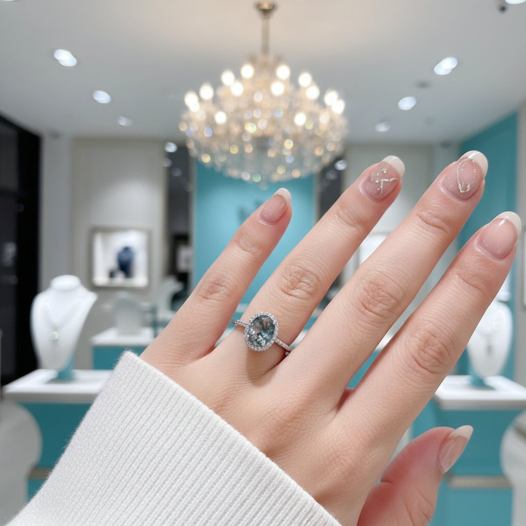 Love as Old as the Hills- Oval Shape Moss Agate Gemstone Halo Engagement Rings-Evani Jewelry