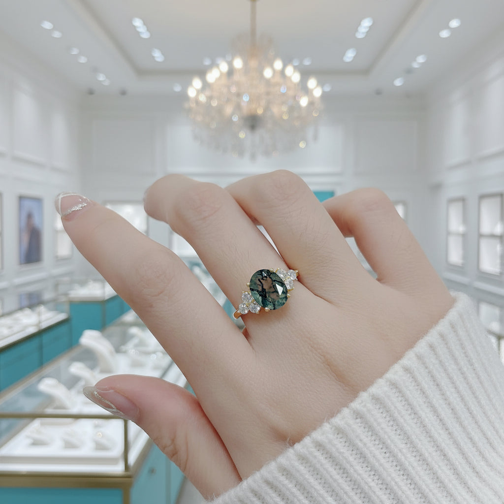 Star-Kissed Gem- Vintage Moss Agate Unique Curved Wedding Band Ring Set-Evani Jewelry