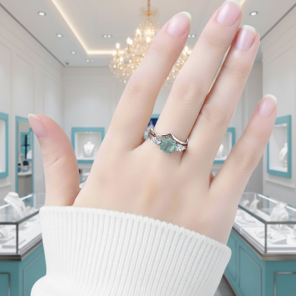 Alchemist's Promise- Hexagon Cut Natural Moss Agate Rings Set-Evani Jewelry