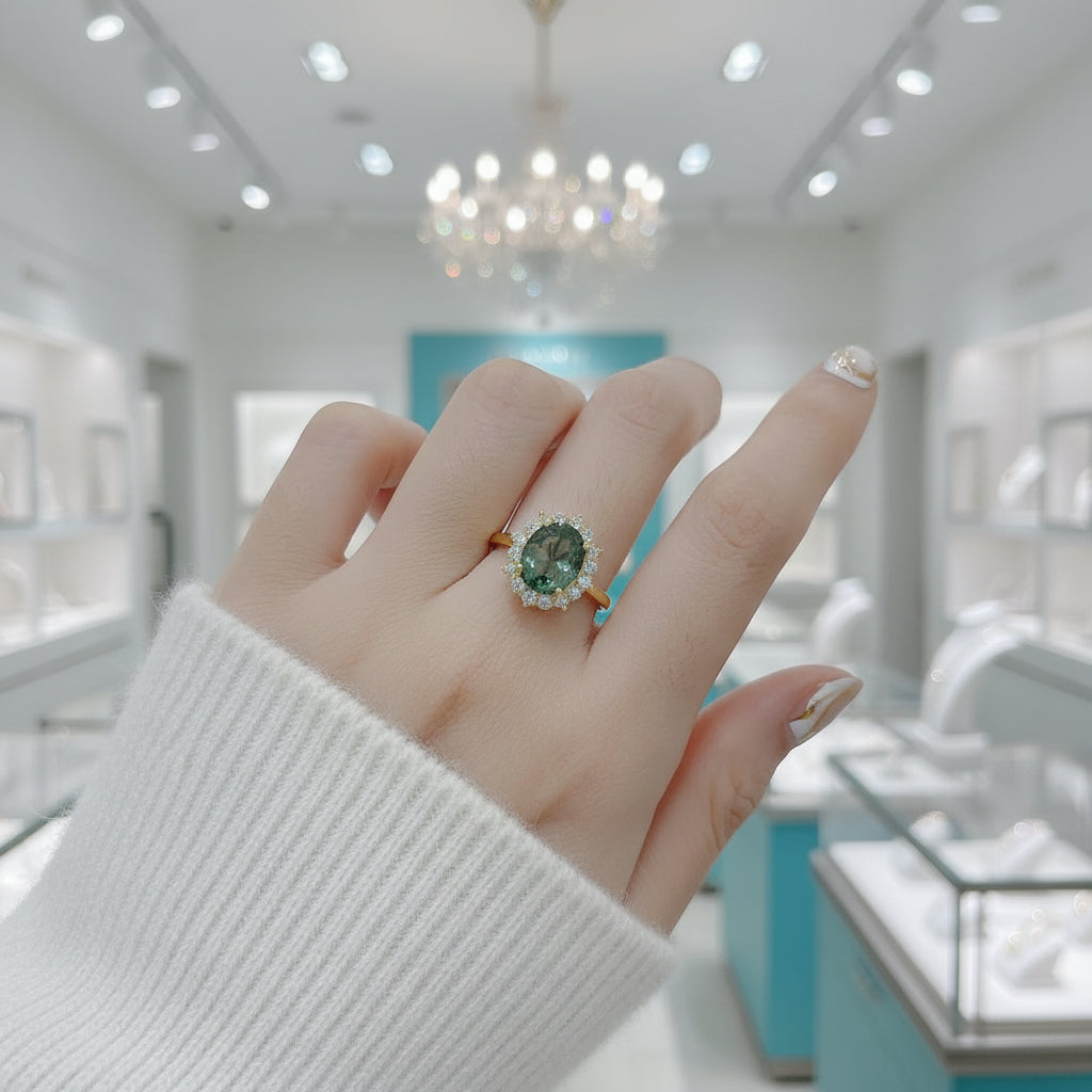 Halo of Dewdrops- Moss Agate Oval Cut Unique Cluster Halo Engagement Ring-Evani Jewelry