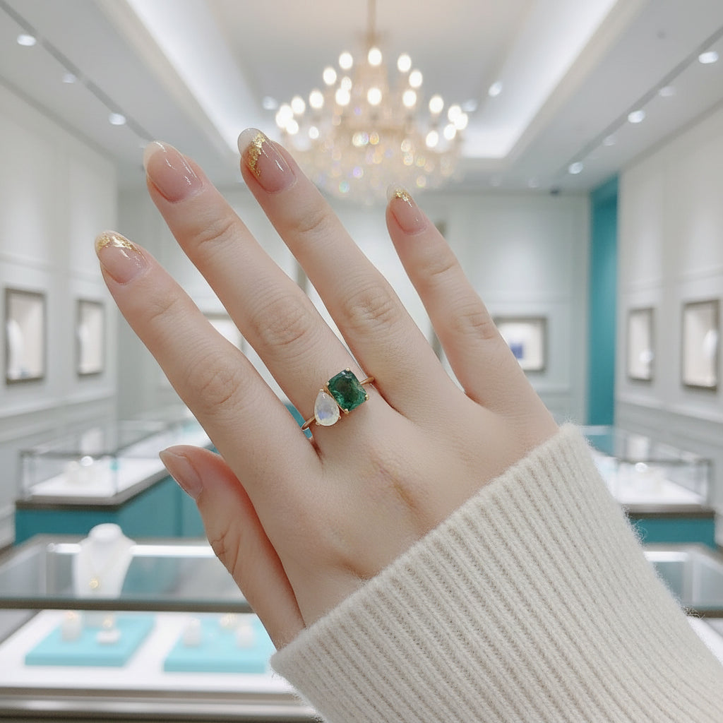 Emerald Cut Moss Agate with Pear Cut Moonstone Engagement Ring-Evani Jewelry