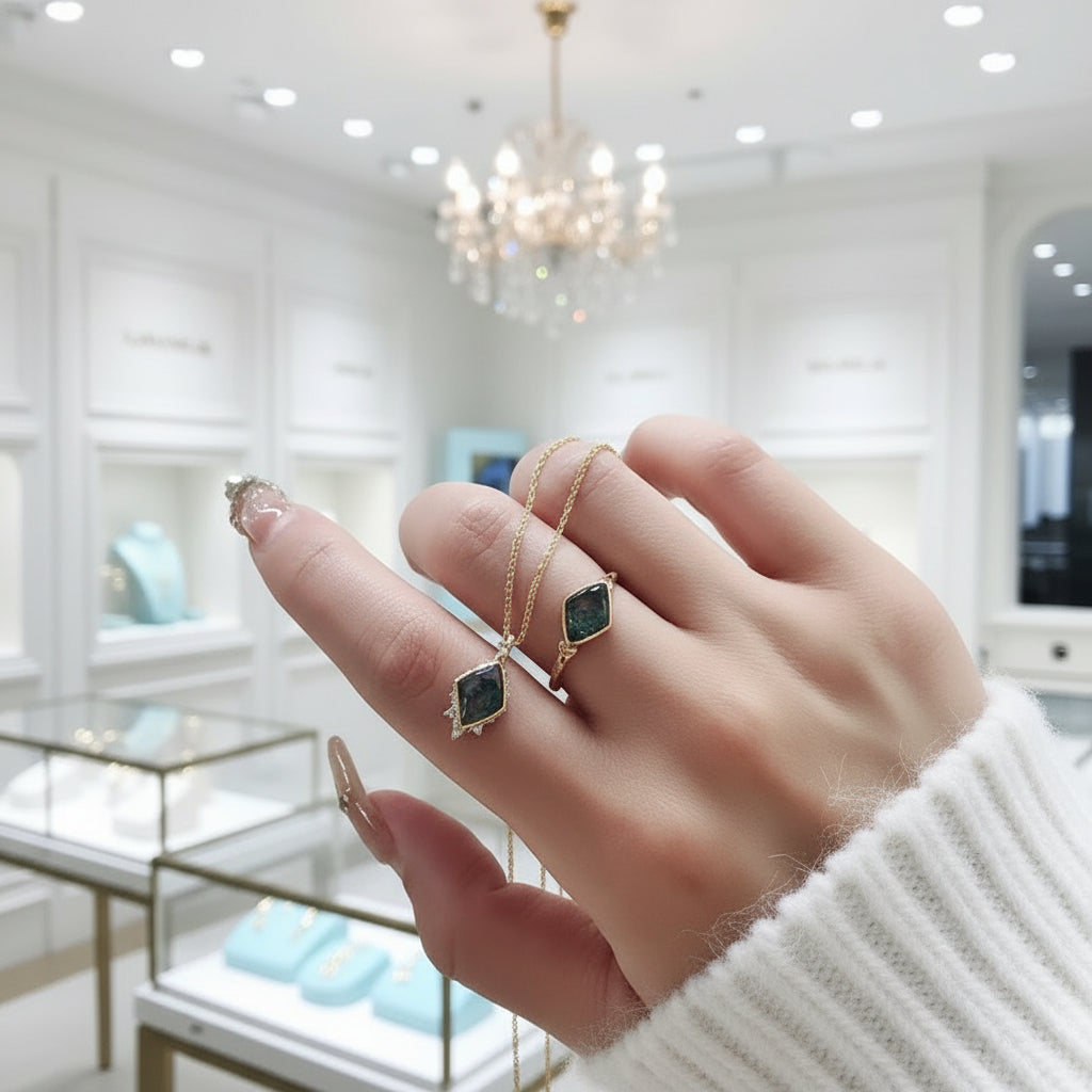 Twilight Vow- Diamond Cut Natural Moss Agate Ring-Evani Jewelry