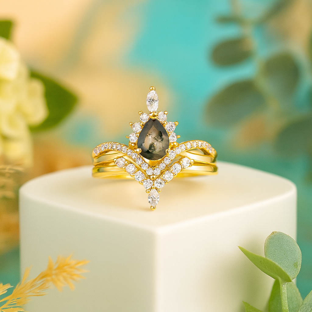 Happy Ever After – Pear Cut Moss Agate & Diamond Crown Ring-Evani Naomi Jewelry