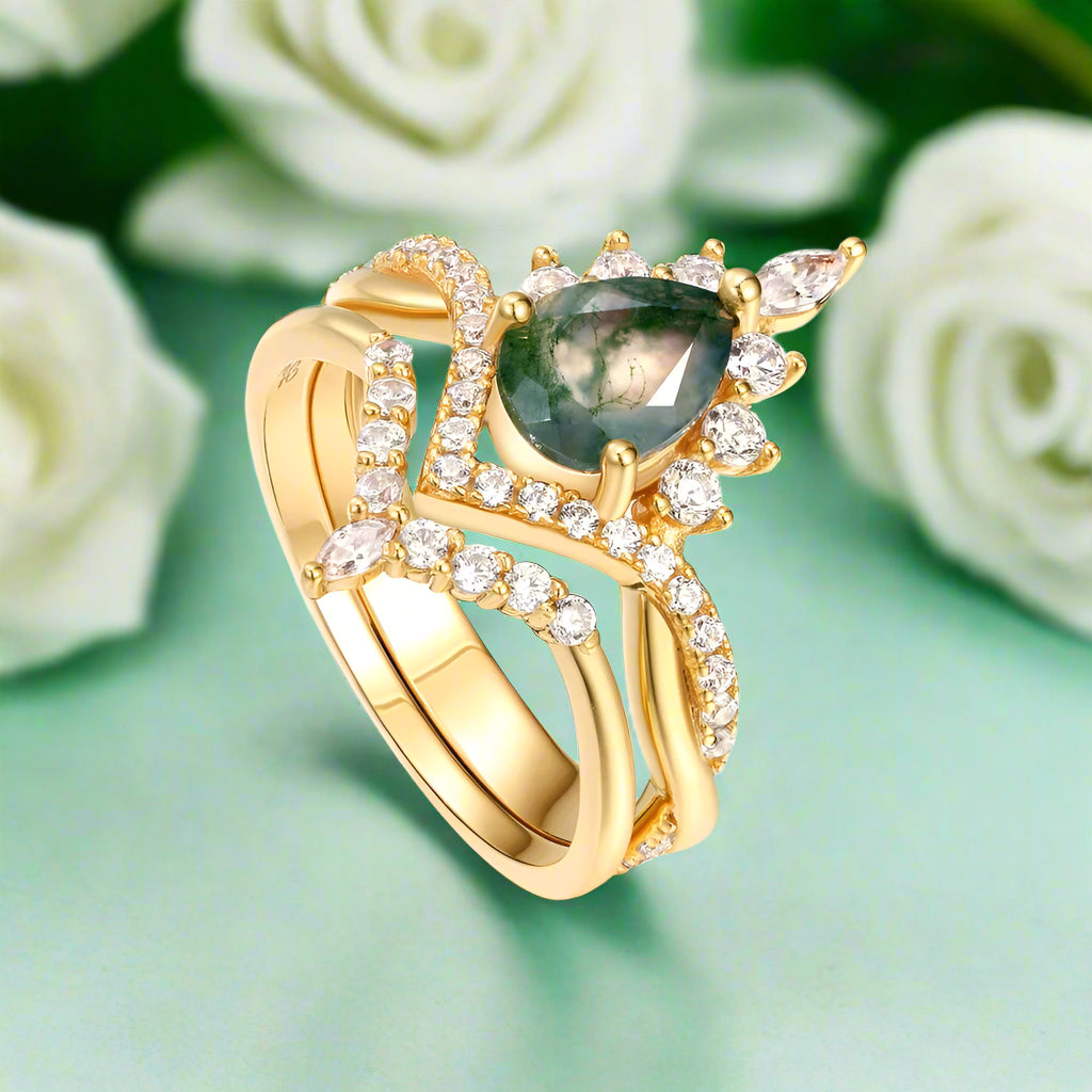 Happy Ever After – Pear Cut Moss Agate & Diamond Crown Ring-Evani Naomi Jewelry