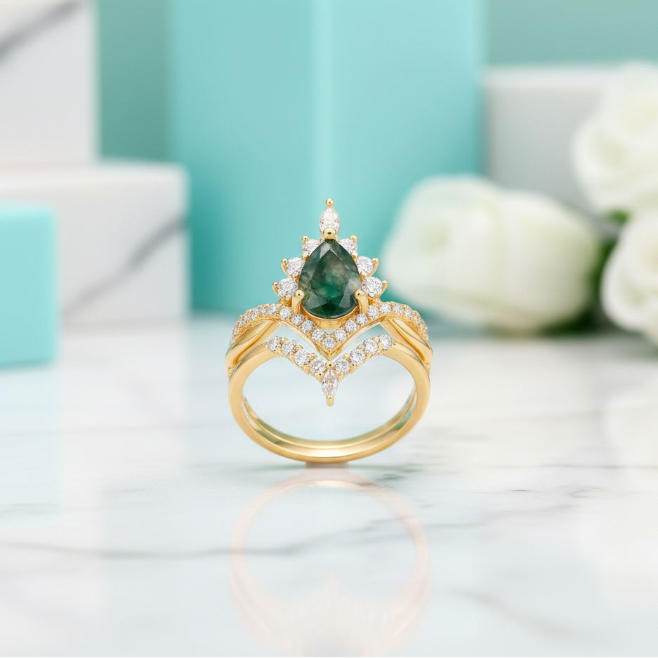 Happy Ever After – Pear Cut Moss Agate & Diamond Crown Ring-Evani Jewelry