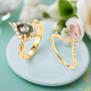Happy Ever After – Pear Cut Moss Agate & Diamond Crown Ring-Evani Naomi Jewelry