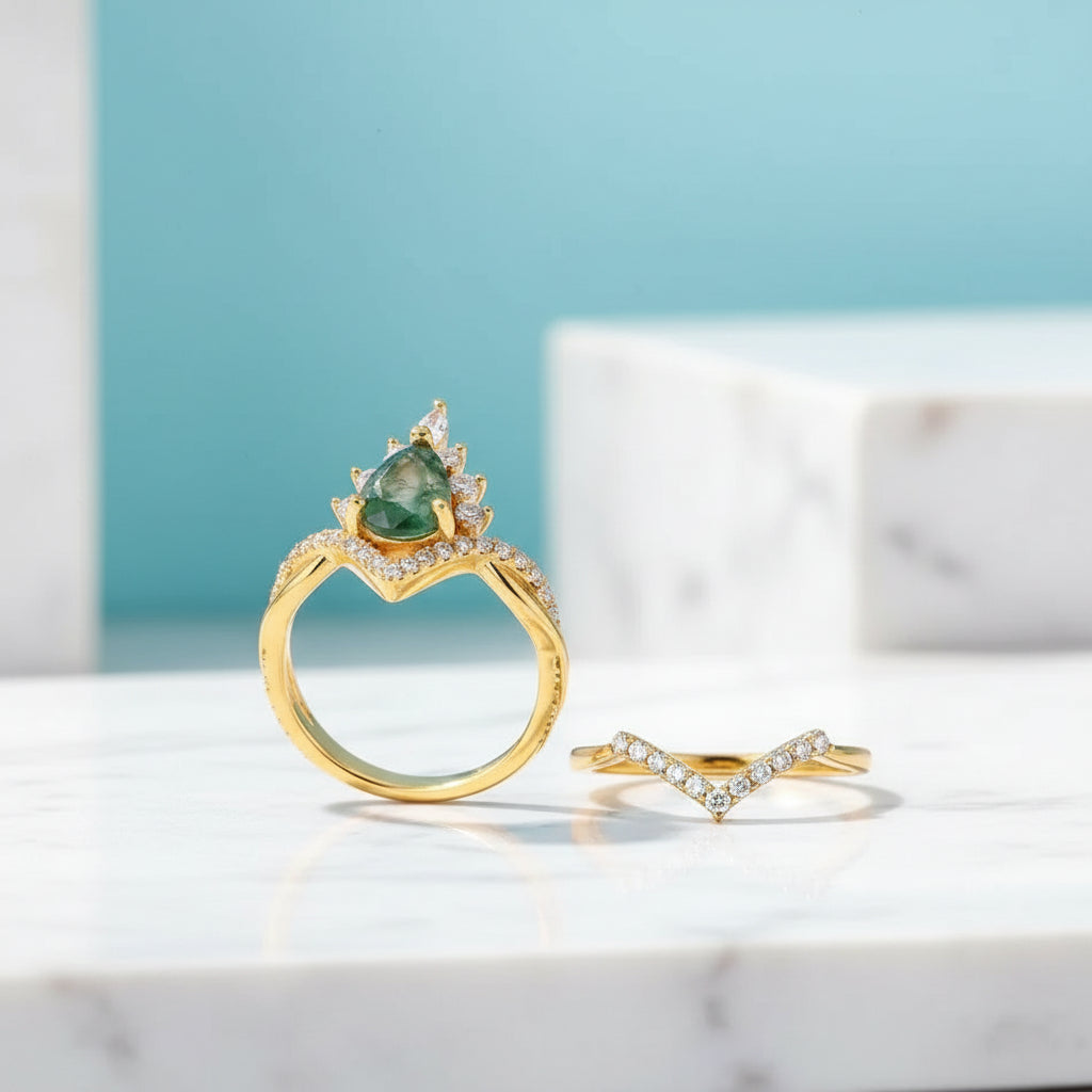 Happy Ever After – Pear Cut Moss Agate & Diamond Crown Ring-Evani Jewelry