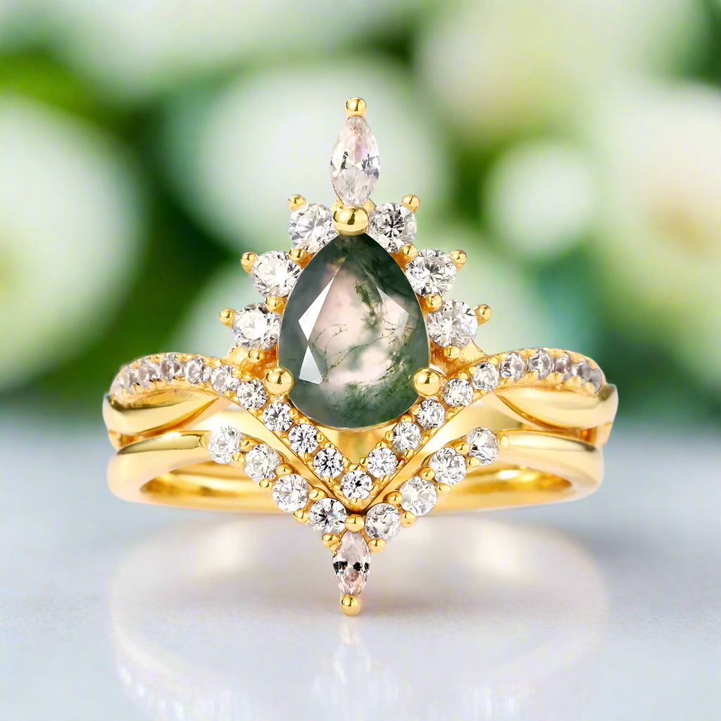 Happy Ever After – Pear Cut Moss Agate & Diamond Crown Ring-Evani Naomi Jewelry