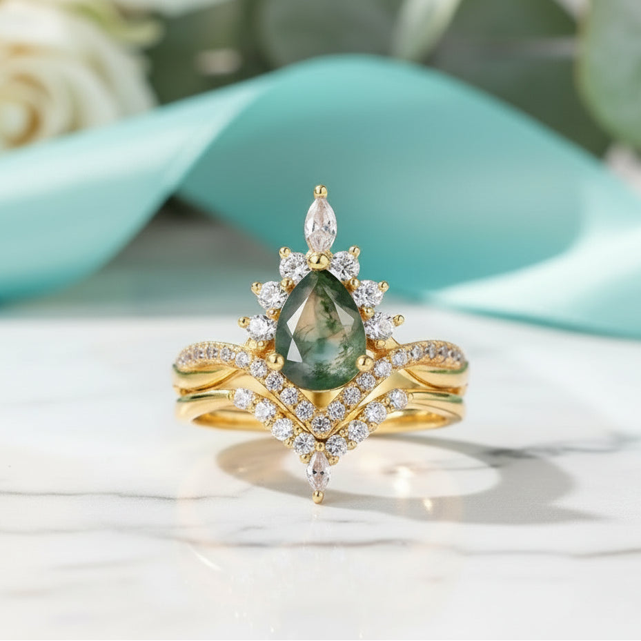 Happy Ever After – Pear Cut Moss Agate Crown Ring