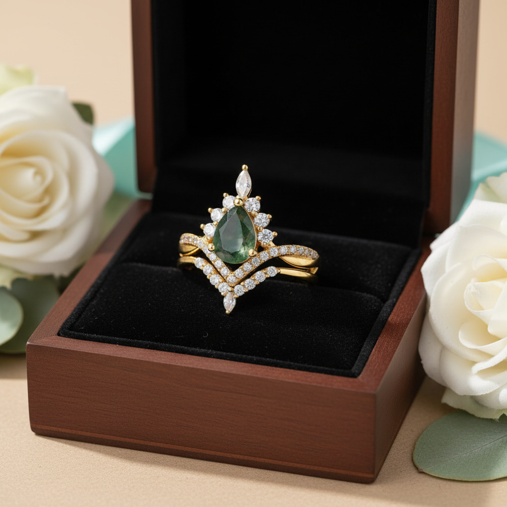 Happy Ever After – Pear Cut Moss Agate Crown Ring
