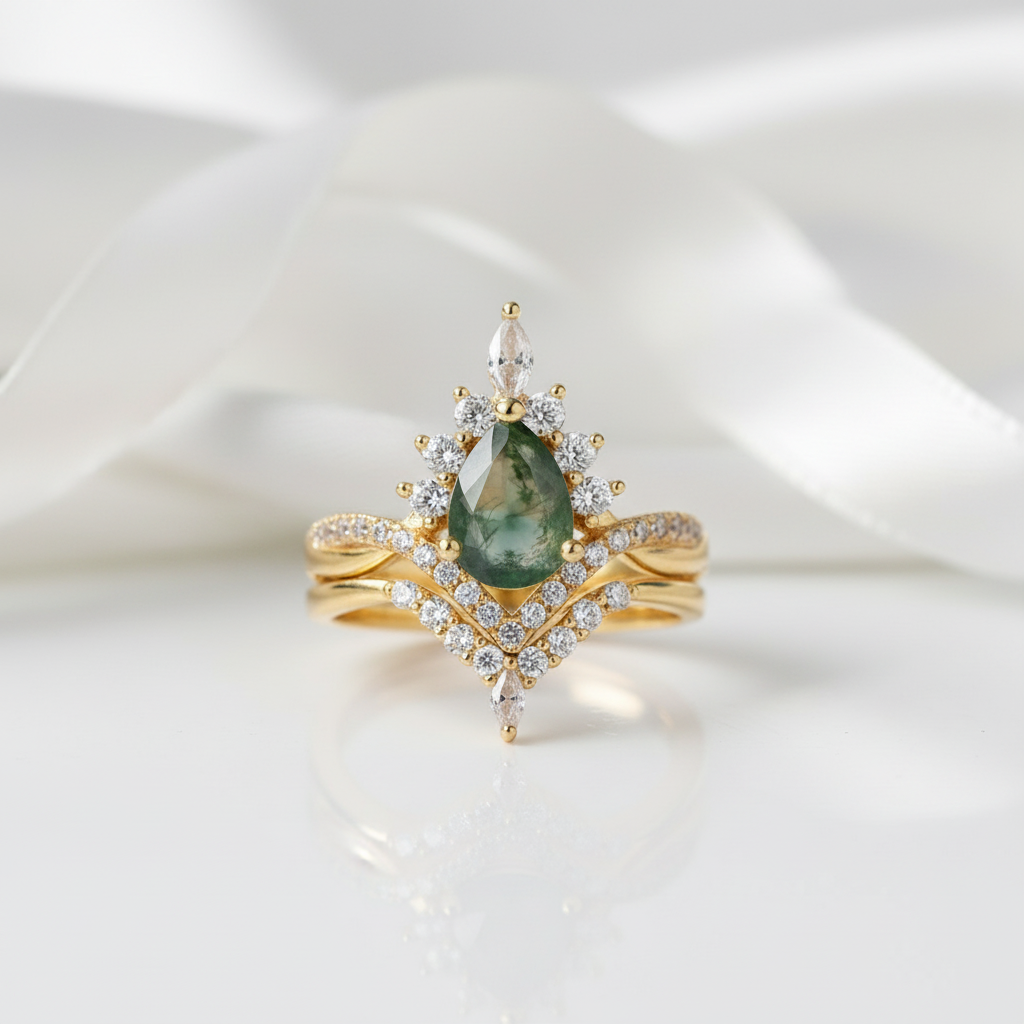 Happy Ever After – Pear Cut Moss Agate Crown Ring
