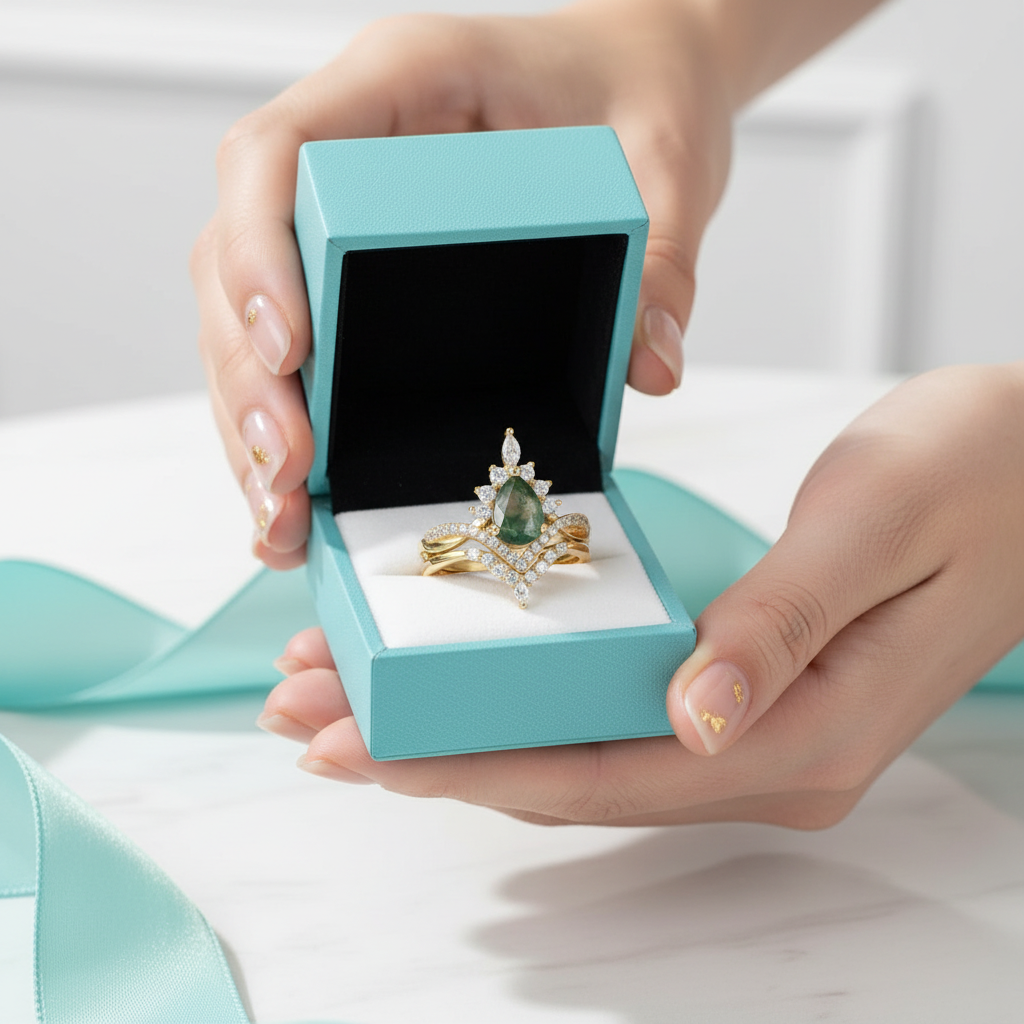 Happy Ever After – Pear Cut Moss Agate Crown Ring