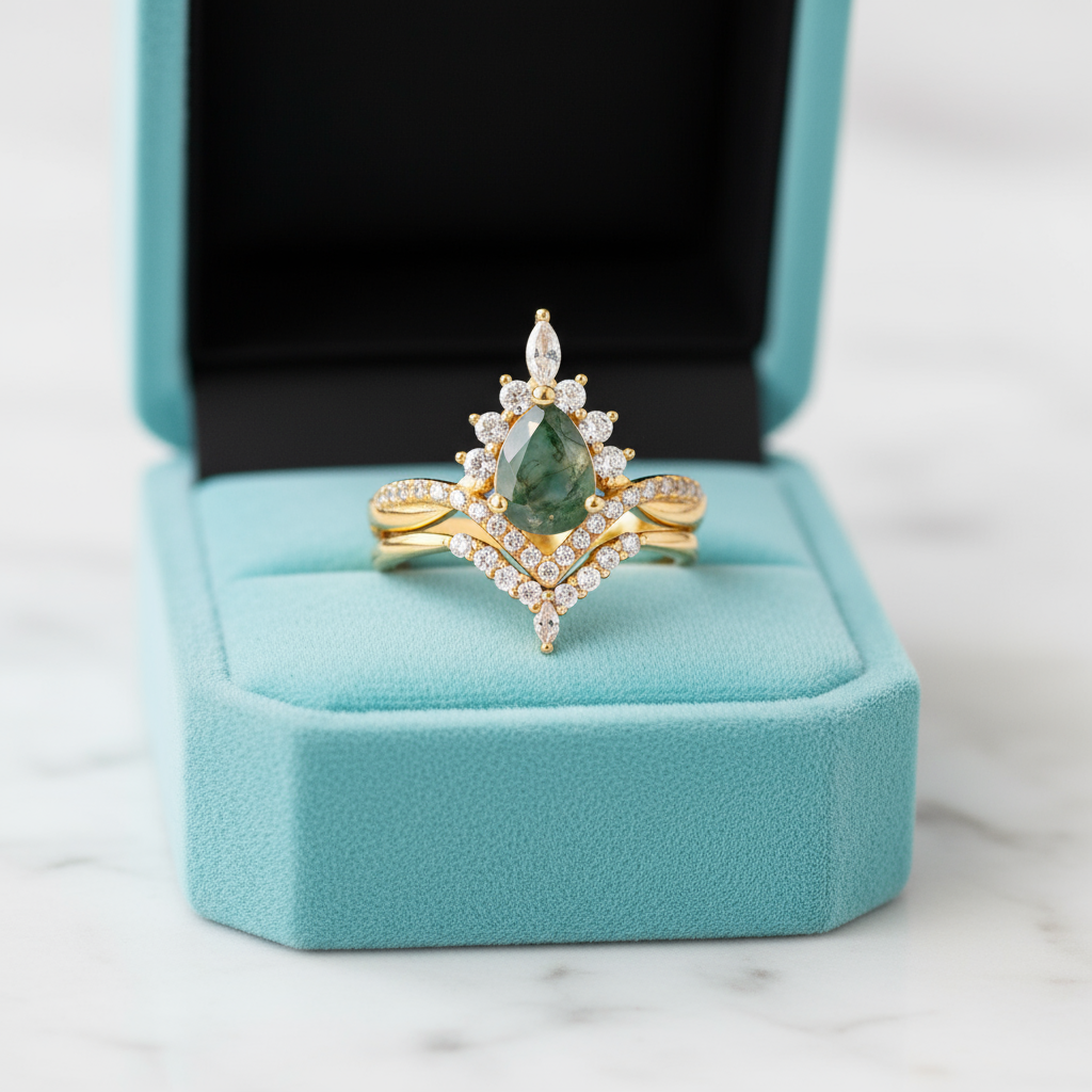 Happy Ever After – Pear Cut Moss Agate & Diamond Crown Ring-Evani Jewelry