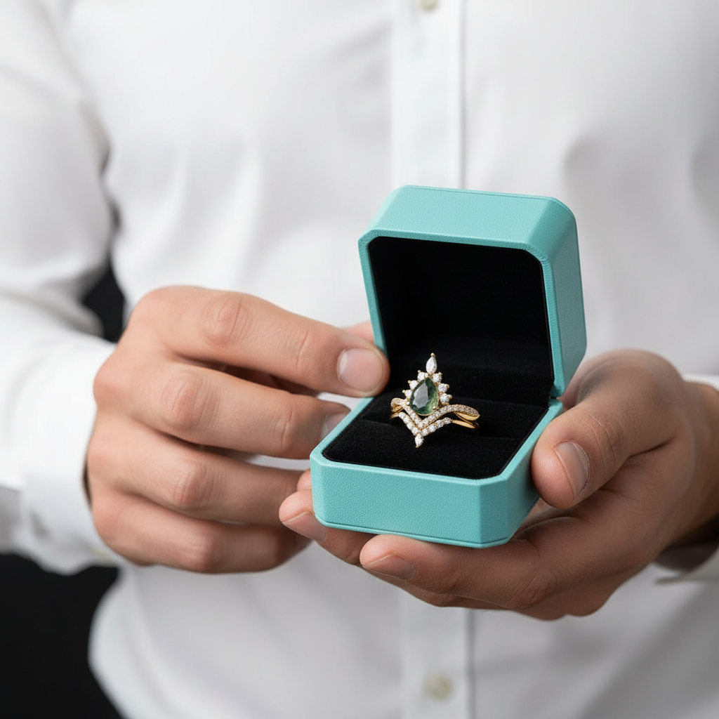 Happy Ever After – Pear Cut Moss Agate Crown Ring