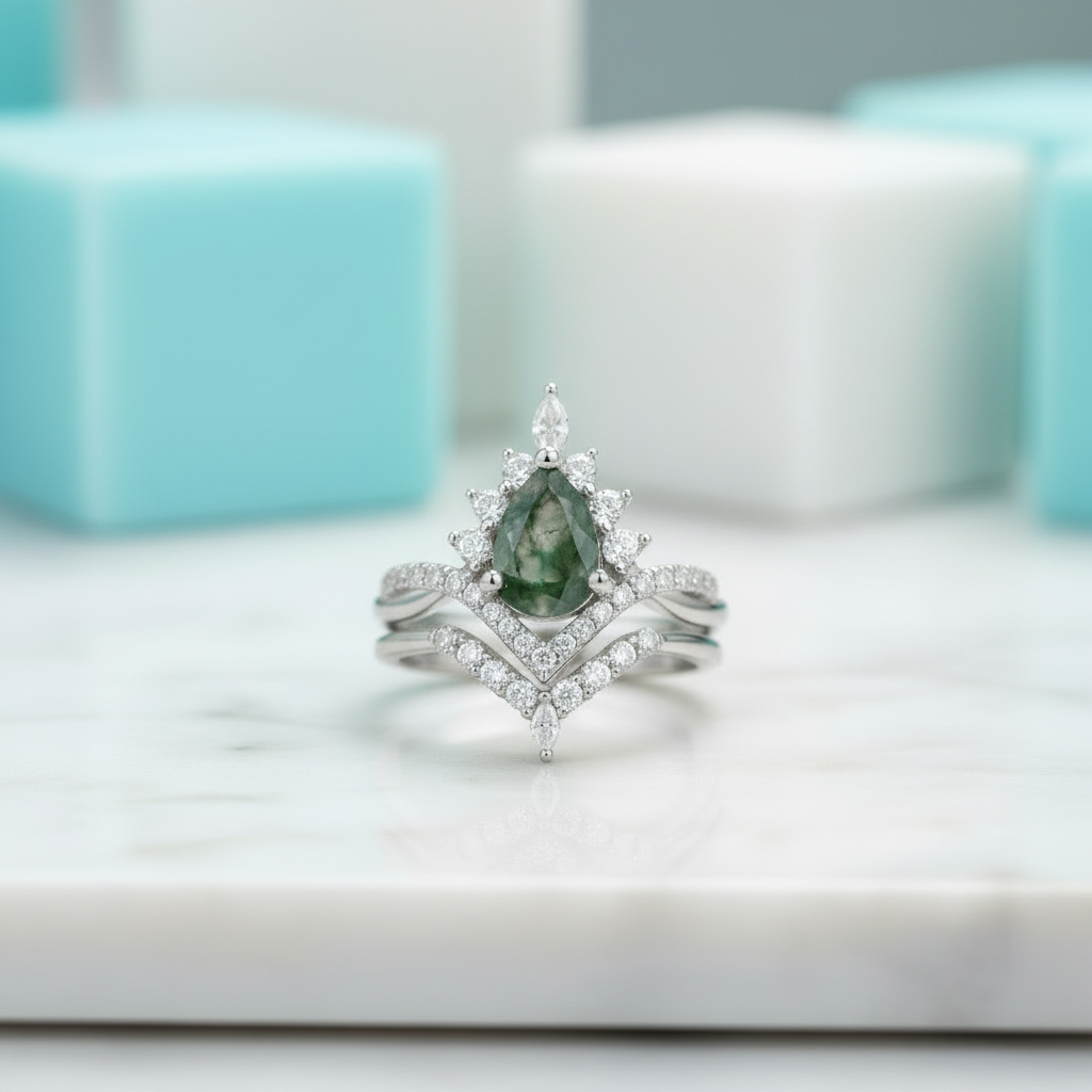 Happy Ever After – Pear Cut Moss Agate & Diamond Crown Ring-Evani Jewelry