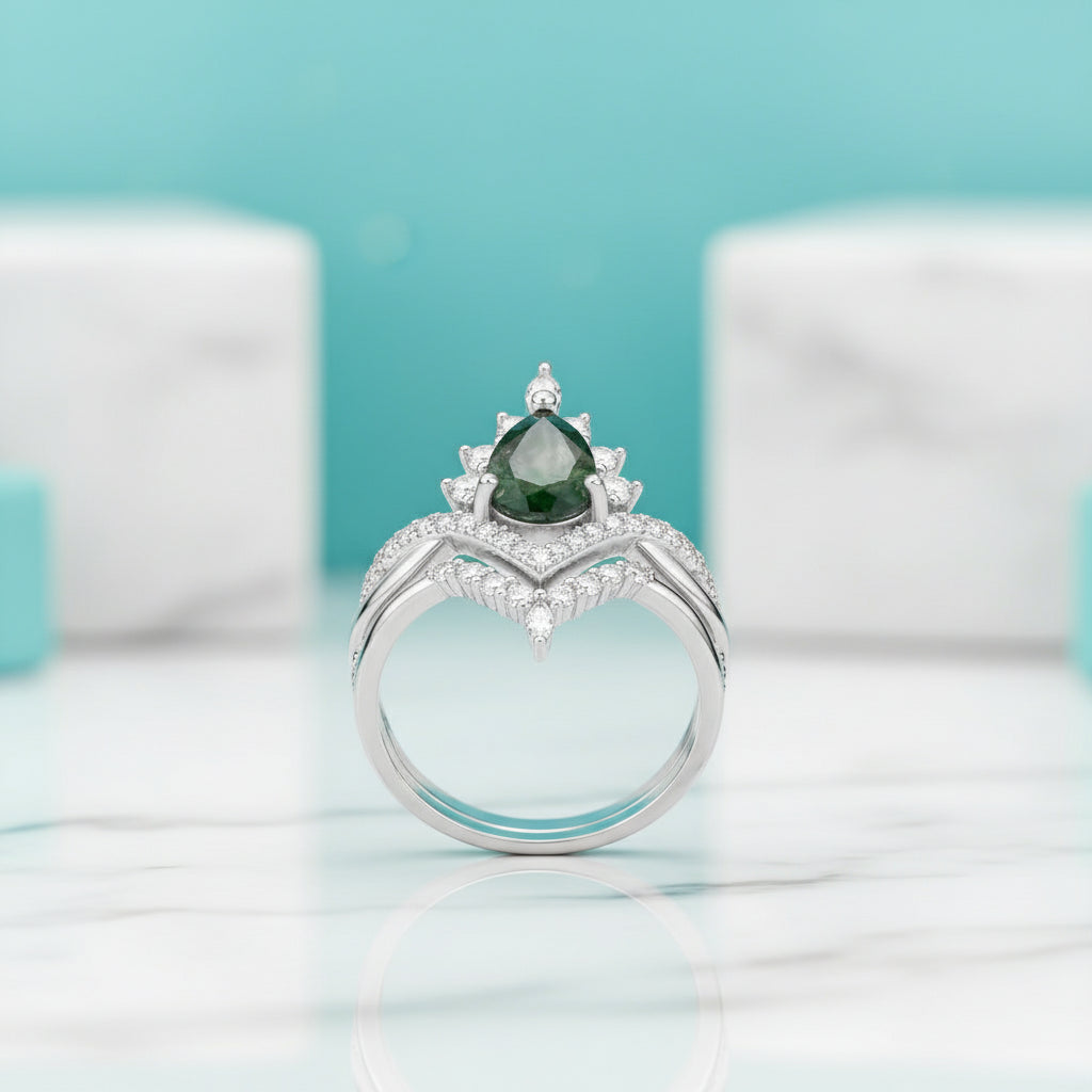 Happy Ever After – Pear Cut Moss Agate & Diamond Crown Ring-Evani Jewelry